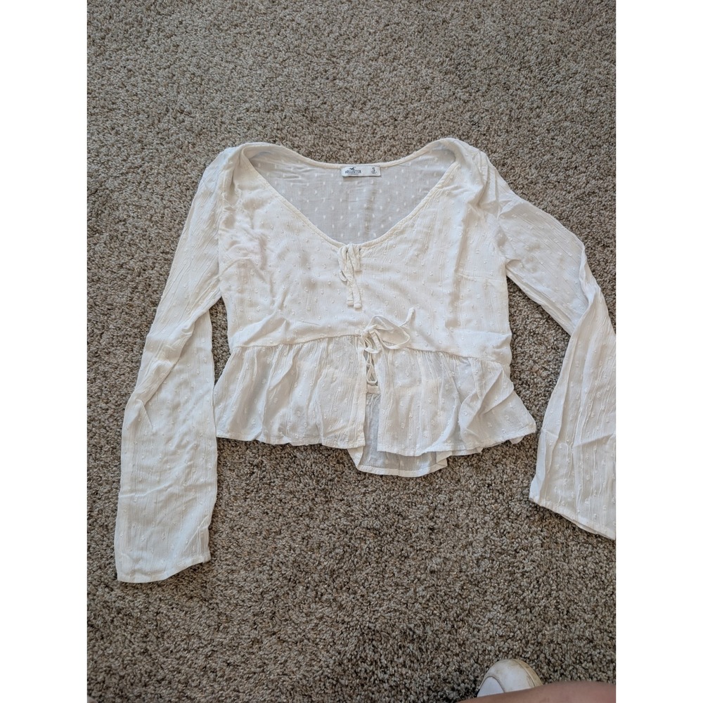 Hollister White Swiss Dot Tie Front Peplum Top Long Sleeve V-Neck Small